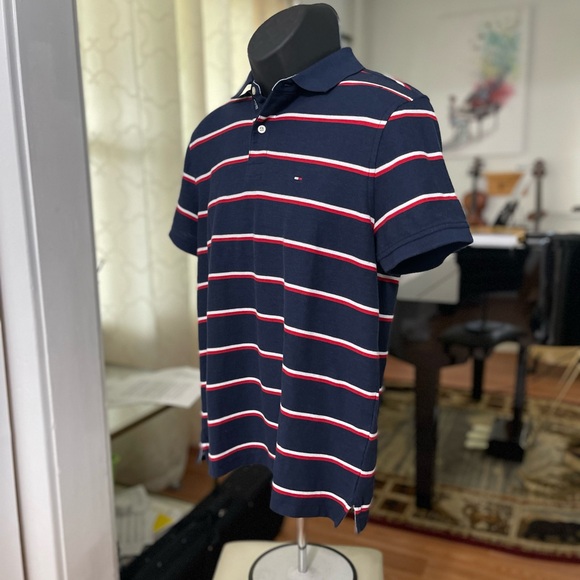 EUC Men’s Size Medium Tommy Hilfiger Performance Pique Striped Polo Shirt Navy - Picture 7 of 12